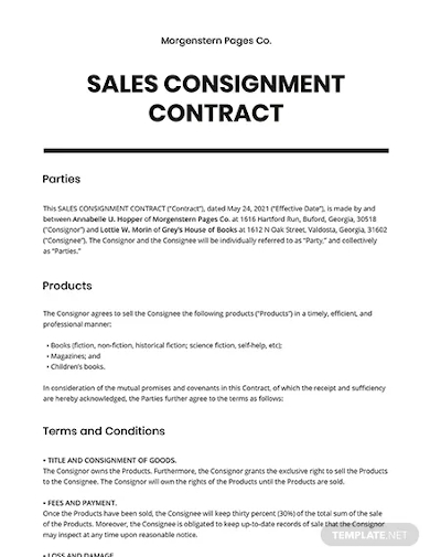 sales consignment contract template