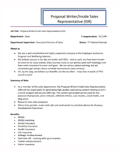 sales representative job proposal