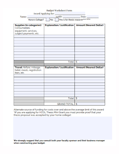 sample budget worksheet form