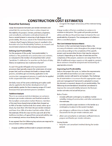 sample construction bid estimate