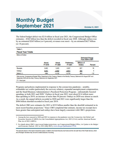 sample corporate monthly budget