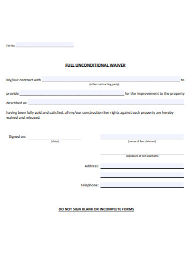 sample full unconditional waivers contract
