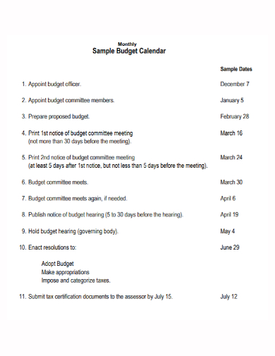 sample monthly budget calendar