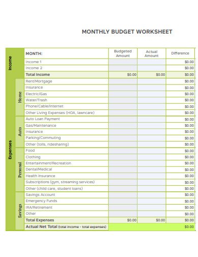 sample monthly budget worksheet