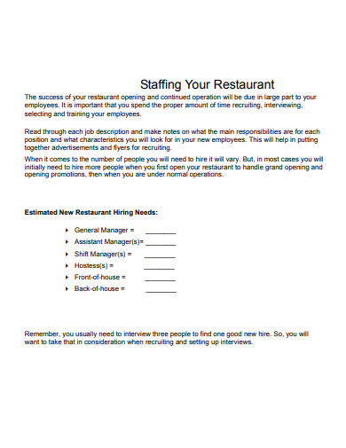 sample restaurant staffing plan