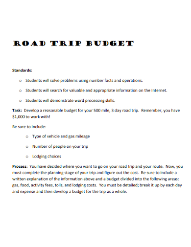 sample road trip budget