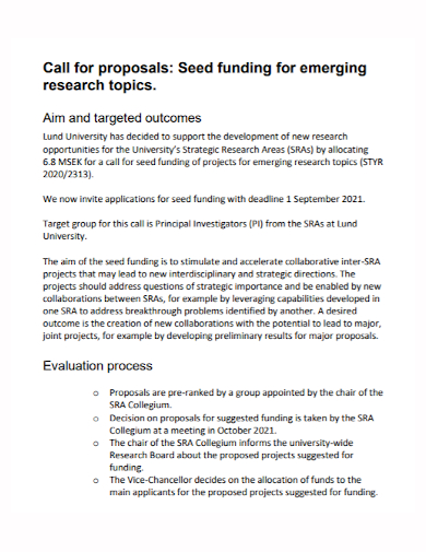 seed funding call for proposal