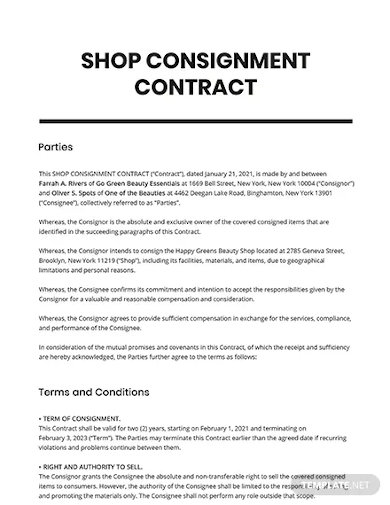shop consignment contract template