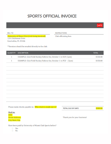 sports official invoice