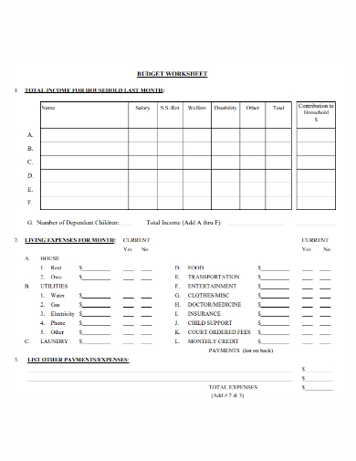 standard budget worksheet form