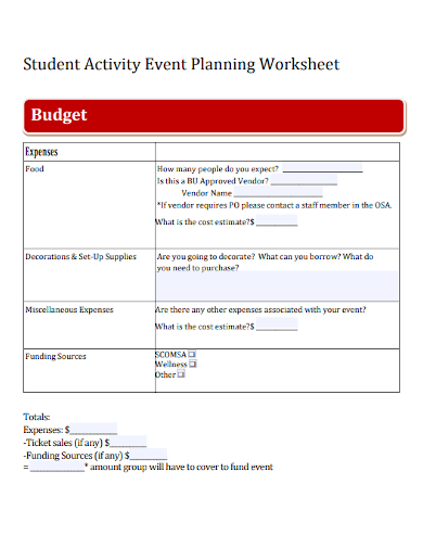 student activity event planning budget worksheet