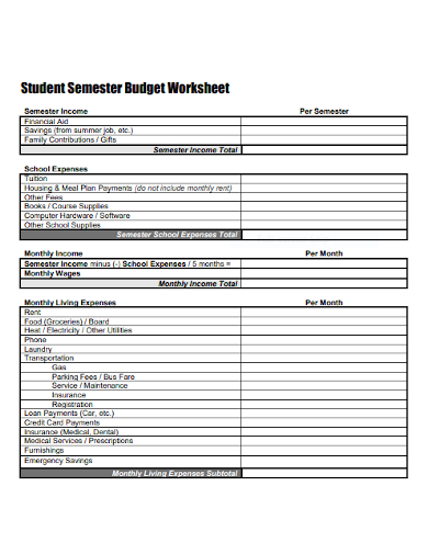 student semester budget worksheet