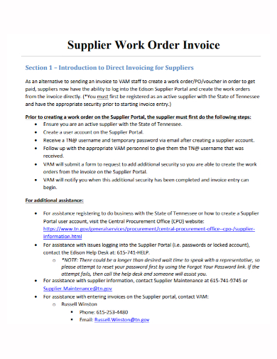 supplier work order invoice