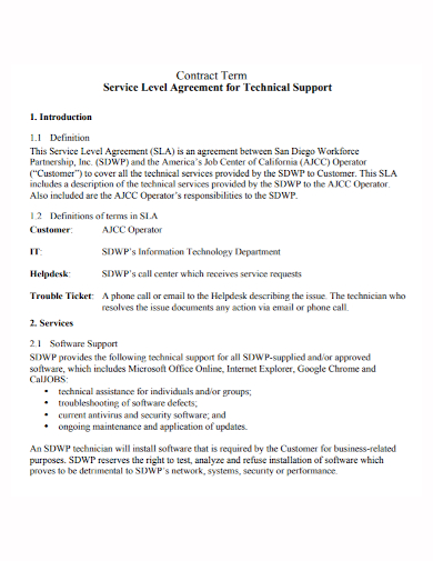 technical service level agreement contract