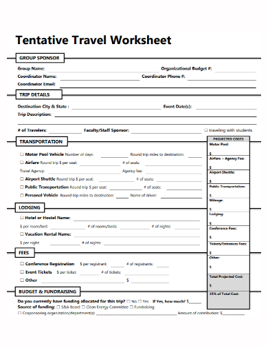 tentative travel budget worksheet