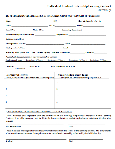 university individual academic internship learning contract