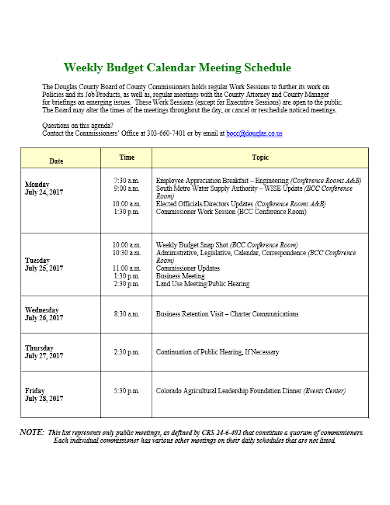 weekly budget calendar meeting schedule