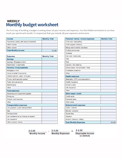 weekly monthly budget worksheet