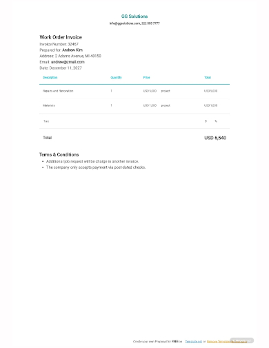 work order invoice template