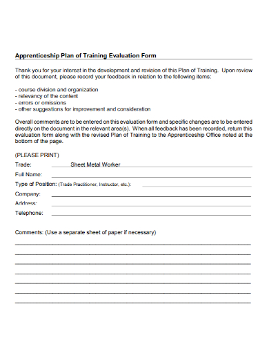 blank training evaluation plan