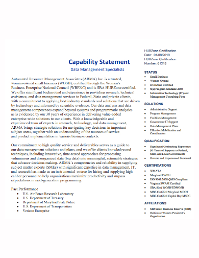 business data management capability statement