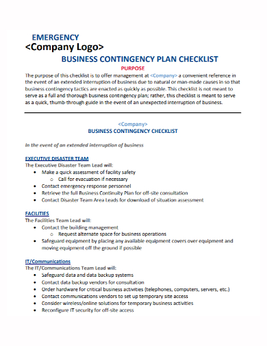 business emergency contingency plan checklist