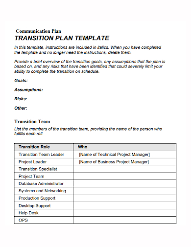 business project transition communication plan