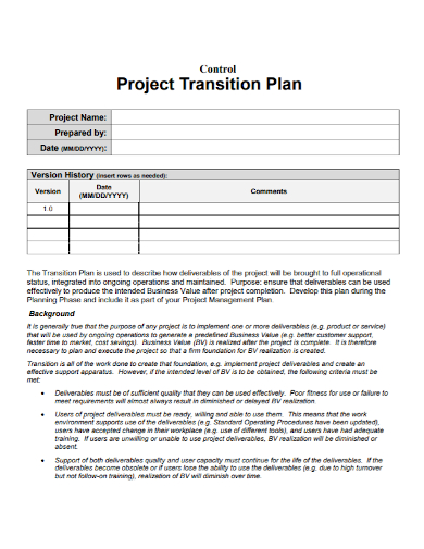 business project transition control plan