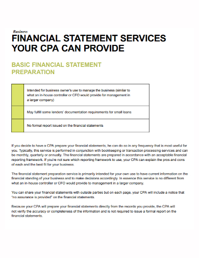 business services financial statement