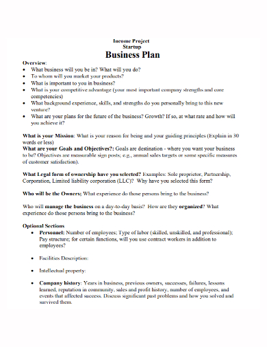 business start up project income plan