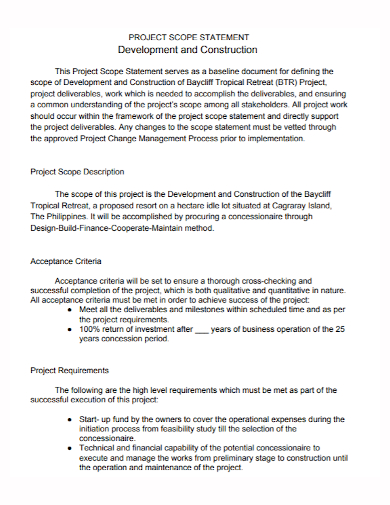 construction development project scope statement