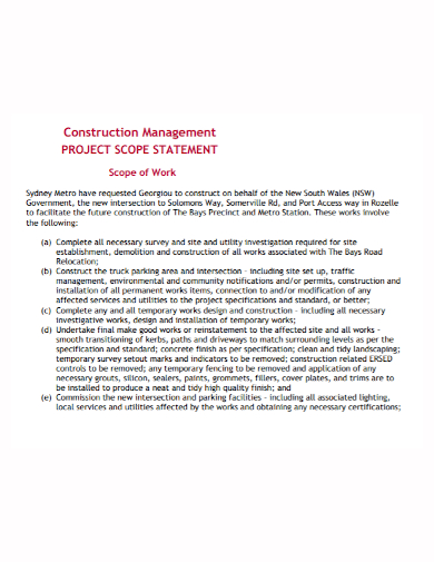 construction management project scope statement