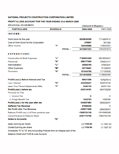construction profit and loss account statement