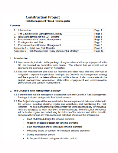 construction project council risk management plan