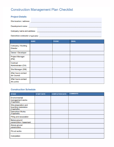 construction project management planning checklist