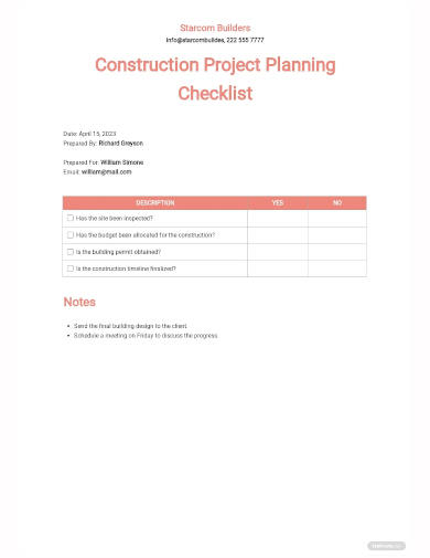 construction project planning checklist template