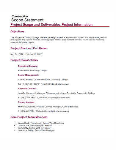 construction project stakeholders scope statement