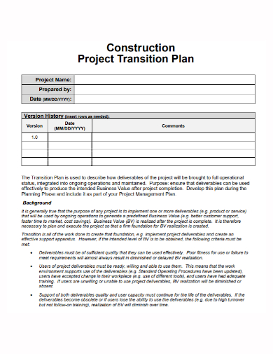 construction project transition plan