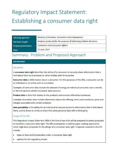 consumer data regulatory impact statement
