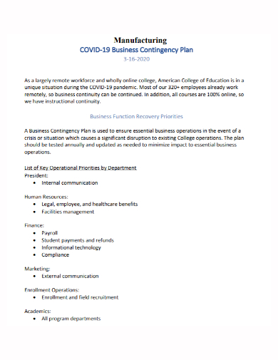 covid 19 manufacturing business contingency plan