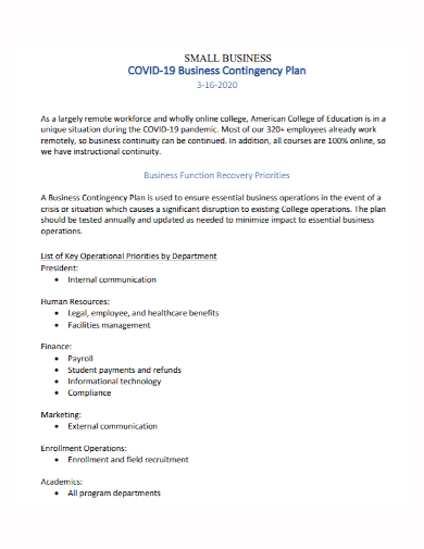 covid 19 small business contingency plan