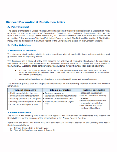 dividend declaration distribution policy statement
