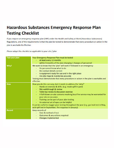 emergency test plan checklist