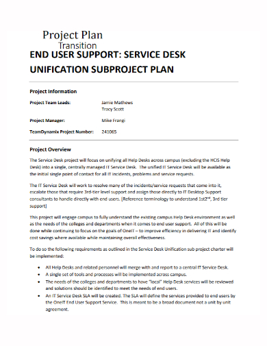 end user service desk transition project plan