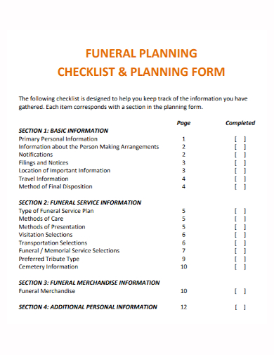funeral planning checklist form