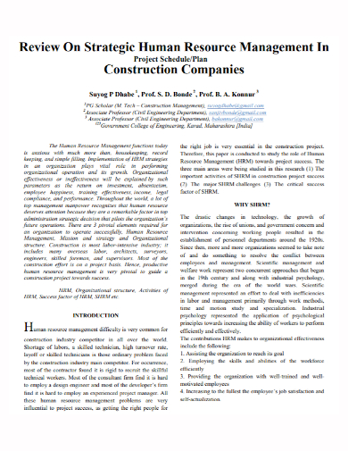 hr management construction company project plan