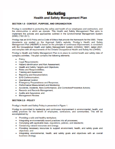 health and safety marketing management plan