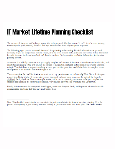 it market lifetime planning checklist