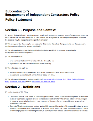 independent engagement subcontractor statement