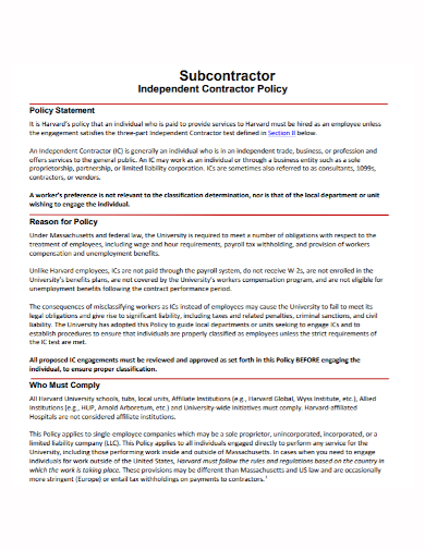 independent subcontractor policy statement